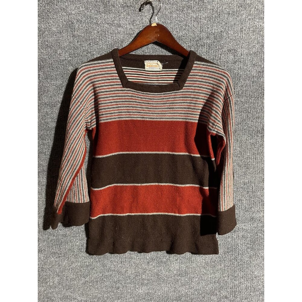Vintage Donkenny Sweater Womens Medium Brown Rust Striped Square Neck 3/4 Sleeve